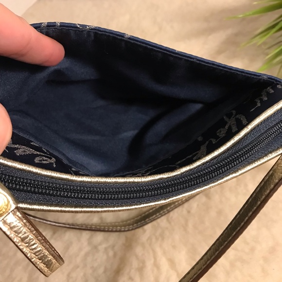 In Like-New COACH Poppy Signature Script Lurex Blue Gold Jacquard Leather Bag - Picture 14 of 14